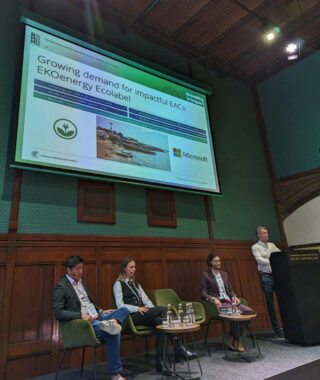 Alex Bookless is on a panel session at the RECS Market Meeting 2025. His slide features EKOenergy.