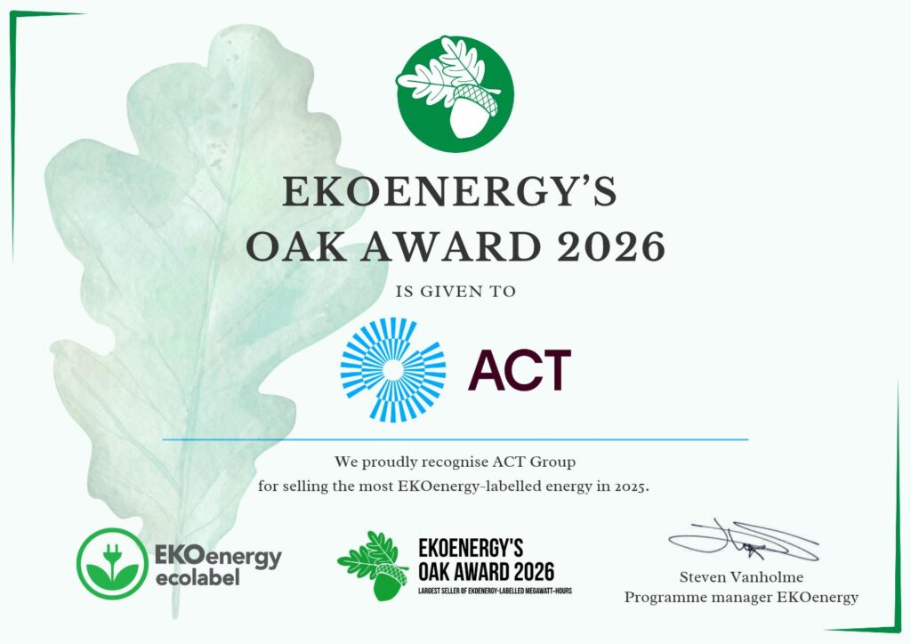 The award certificate. It includes the award name and the logos of ACT Group and EKOenergy. 